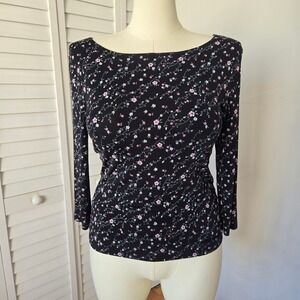 Frazier Lawrence Black Floral Boat Neck 3/4 Sleeve Top L Cottage Soft Girl Y2K